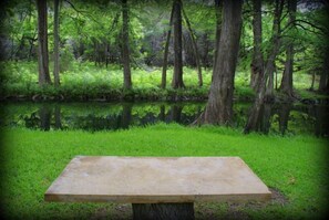 A concrete bench in a forested area with a pond.