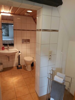 Hair dryer, towels, soap