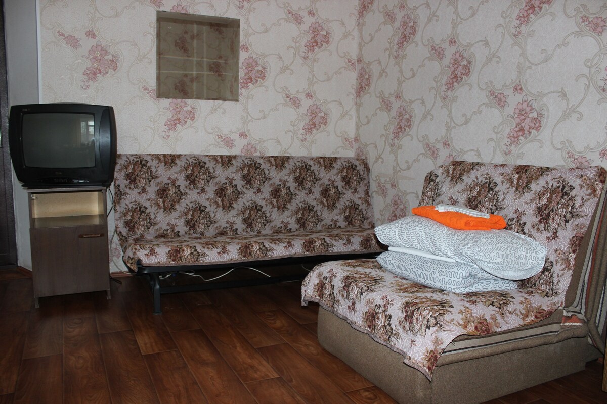 Una habitación con sofá, televisión y armario.