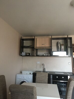 Fridge, stovetop, cookware/dishes/utensils