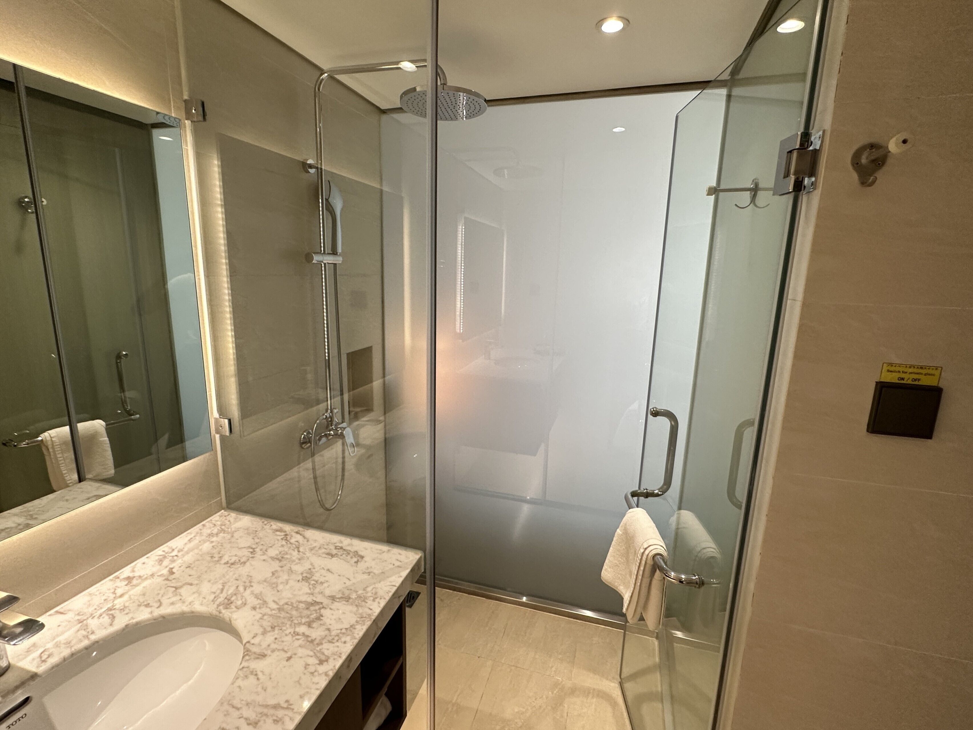 A modern bathroom with a glass-enclosed shower, a marble sink, and a towel rack.