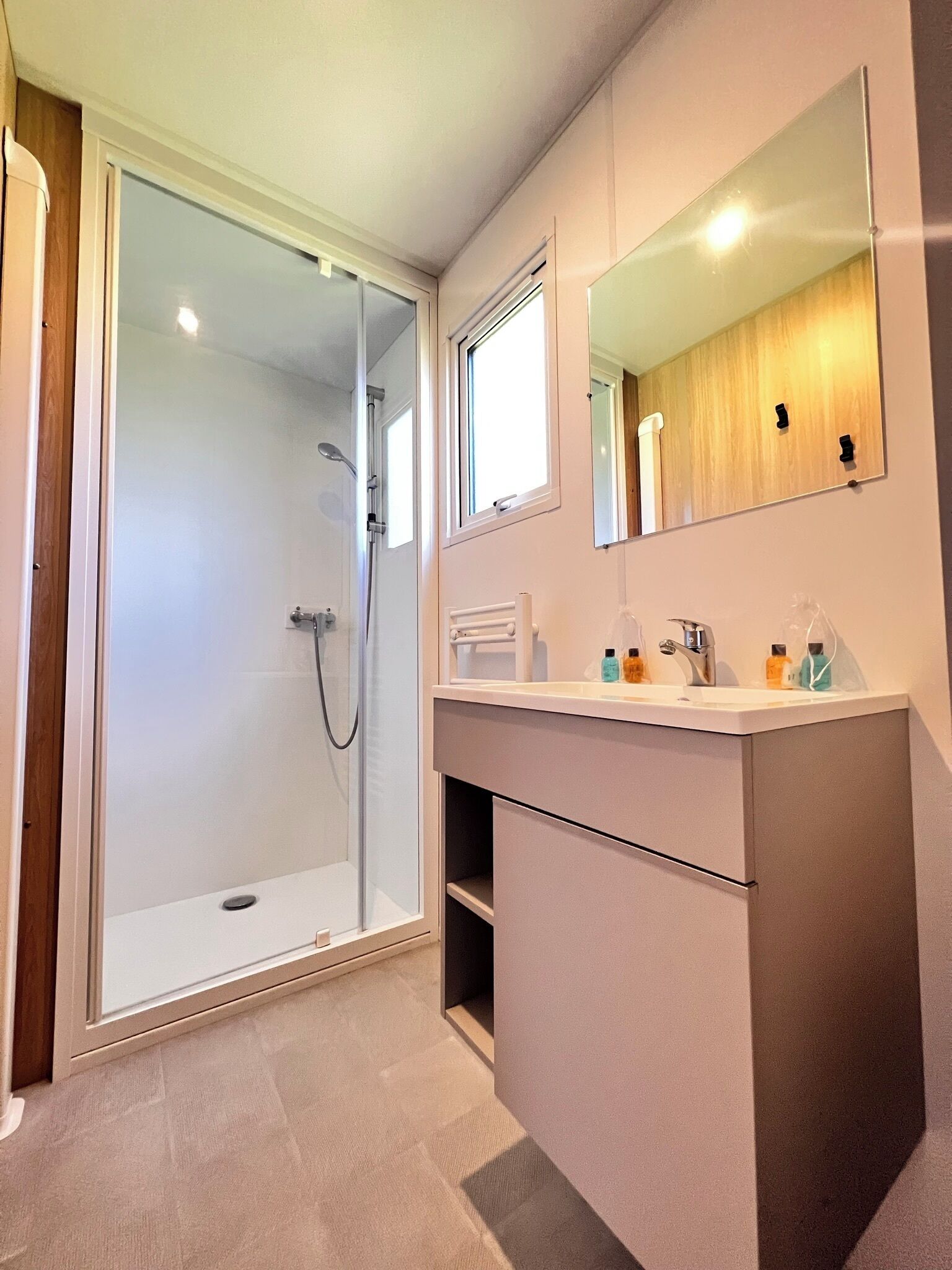 A modern bathroom with a glass shower enclosure, a vanity with a mirror, and a sink.