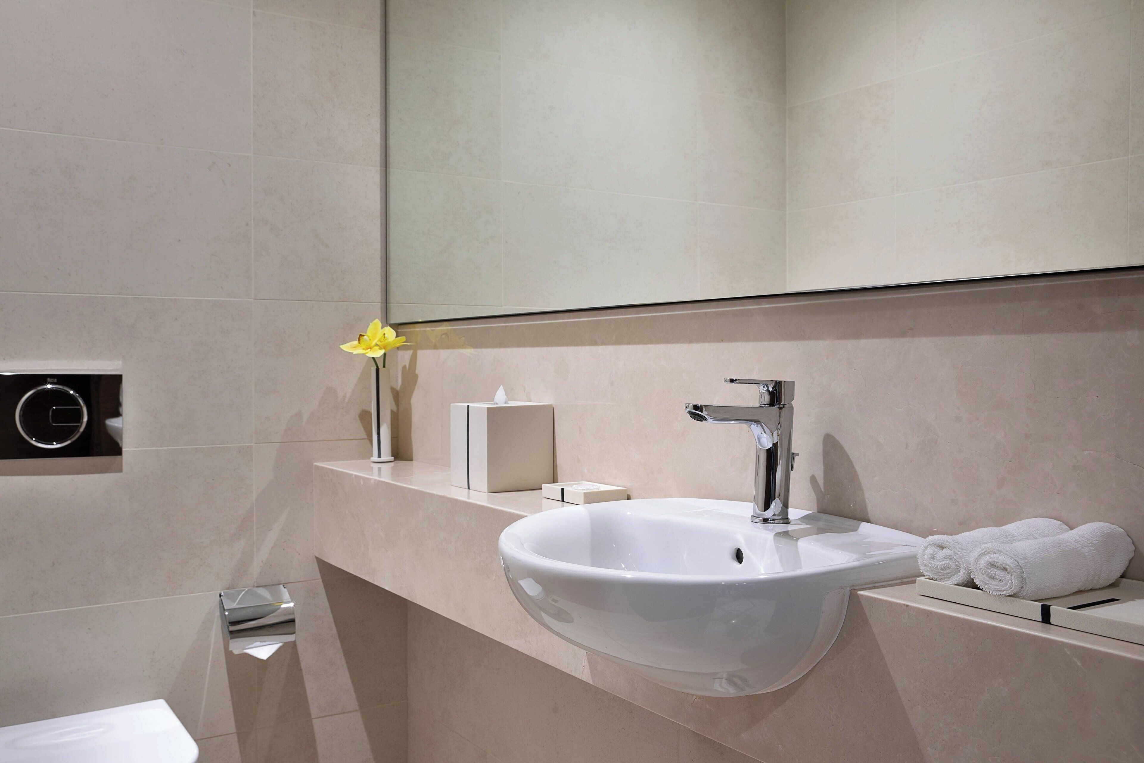 A modern bathroom with a large sink, mirror, and towel rack.