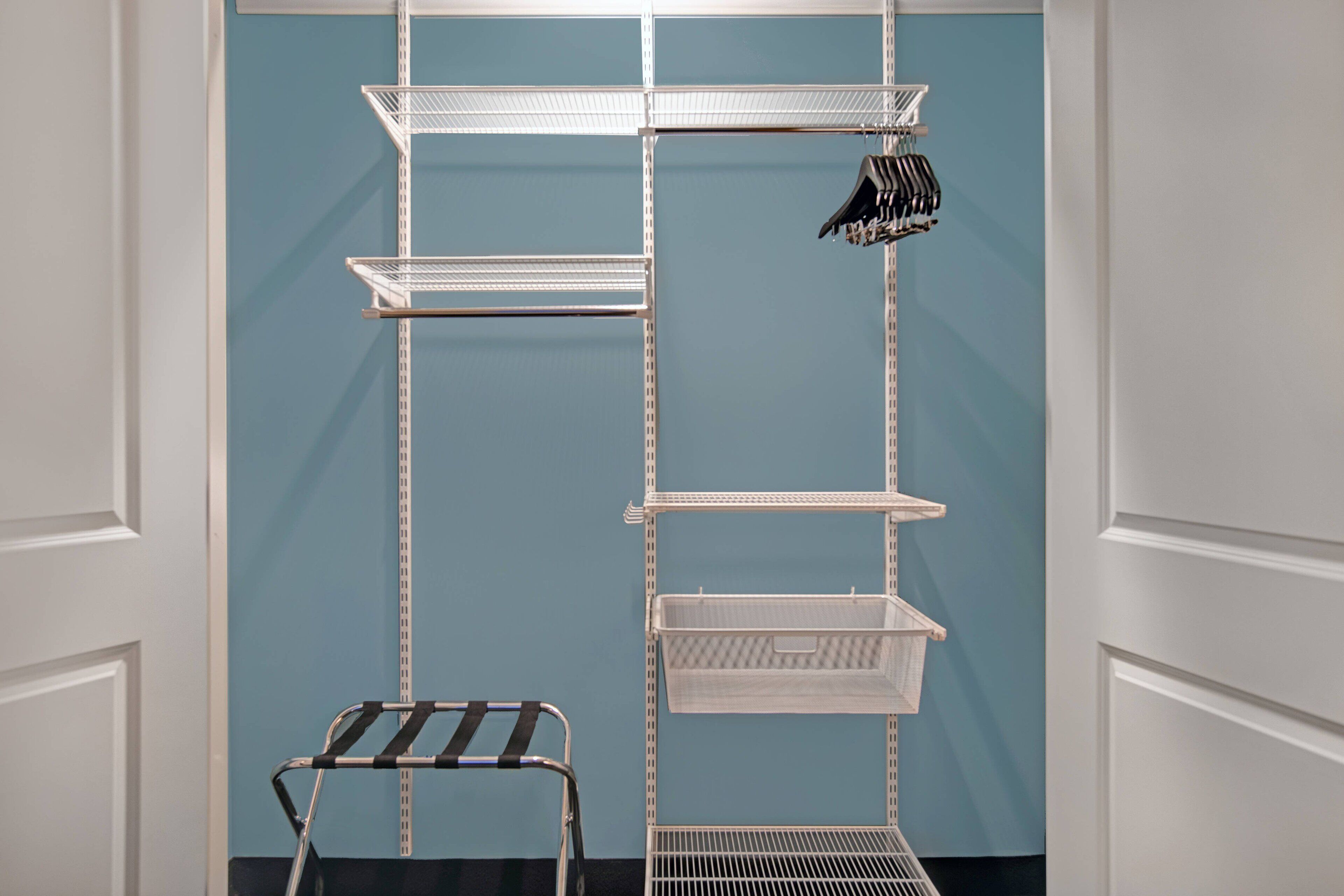 desk, laptop workspace, blackout curtains, iron/ironing board