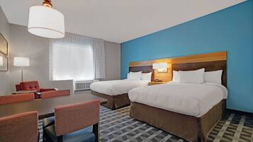 Desk, laptop workspace, blackout drapes, iron/ironing board