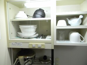 Mini-fridge, stovetop, griddle, cookware/dishes/utensils