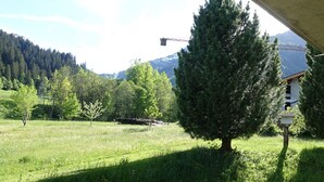 A rural landscape with a large coniferous tree, a wooden fence, and a distant mountain range. - Ski-in/Ski-out Apartment, 2-Bedroom, Sleeps 6 with South Balcony and Parking (Arêches-Beaufort)