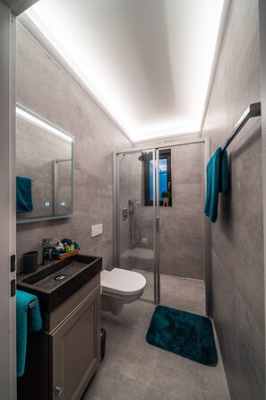 Hair dryer, towels, soap, toilet paper