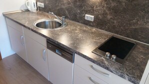 A kitchen with a stainless steel sink, a built-in stovetop, and a dishwasher. - Apartment foresight (Steibis)