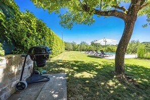 A backyard with a grill, a tree, and a pool area. - Holiday Home with pool and garden - Tervis (Trviž)