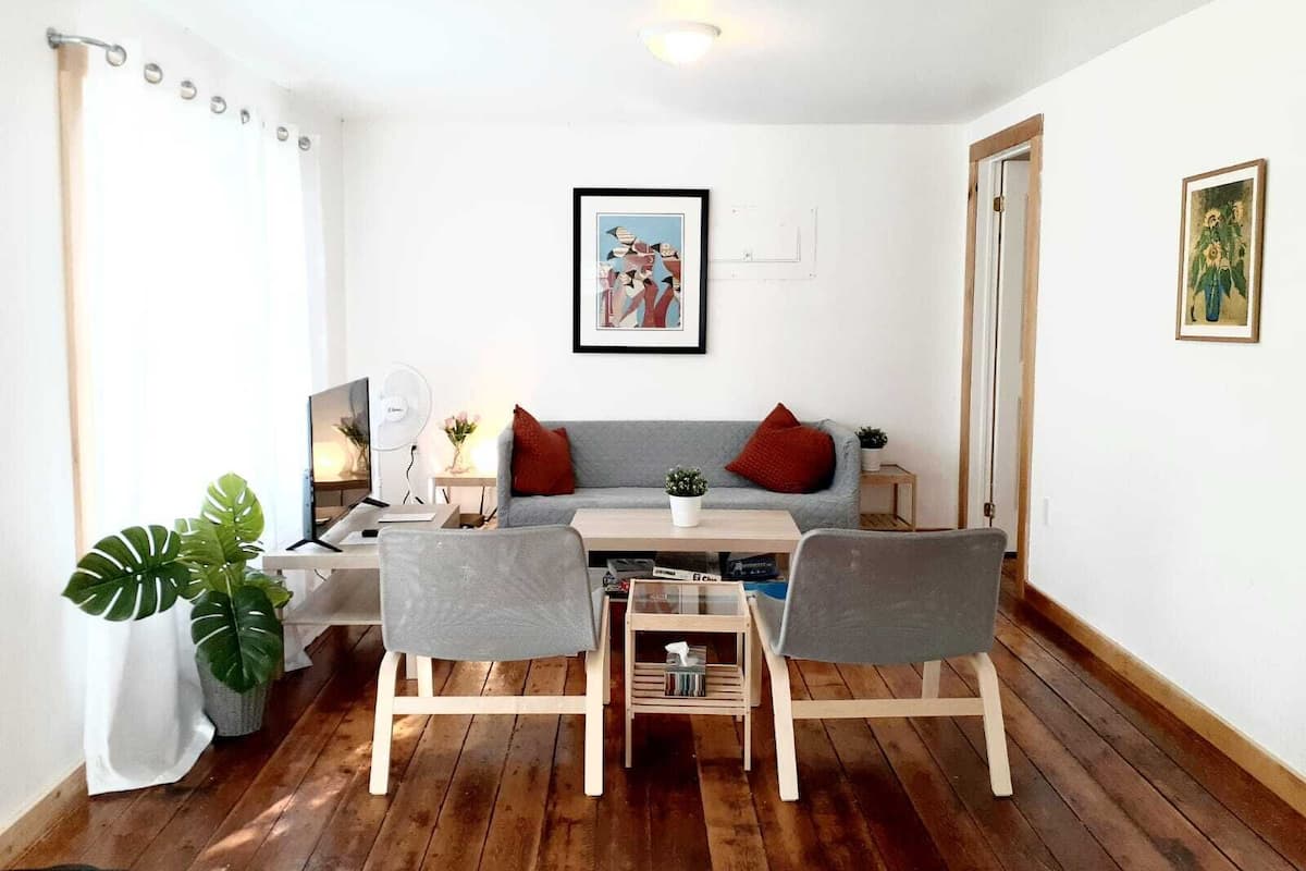 A cozy living room with a grey sofa, two grey armchairs, a coffee table, and a TV. There are two potted plants, one on the left and one on the right. A framed picture hangs on the wall above the sofa.