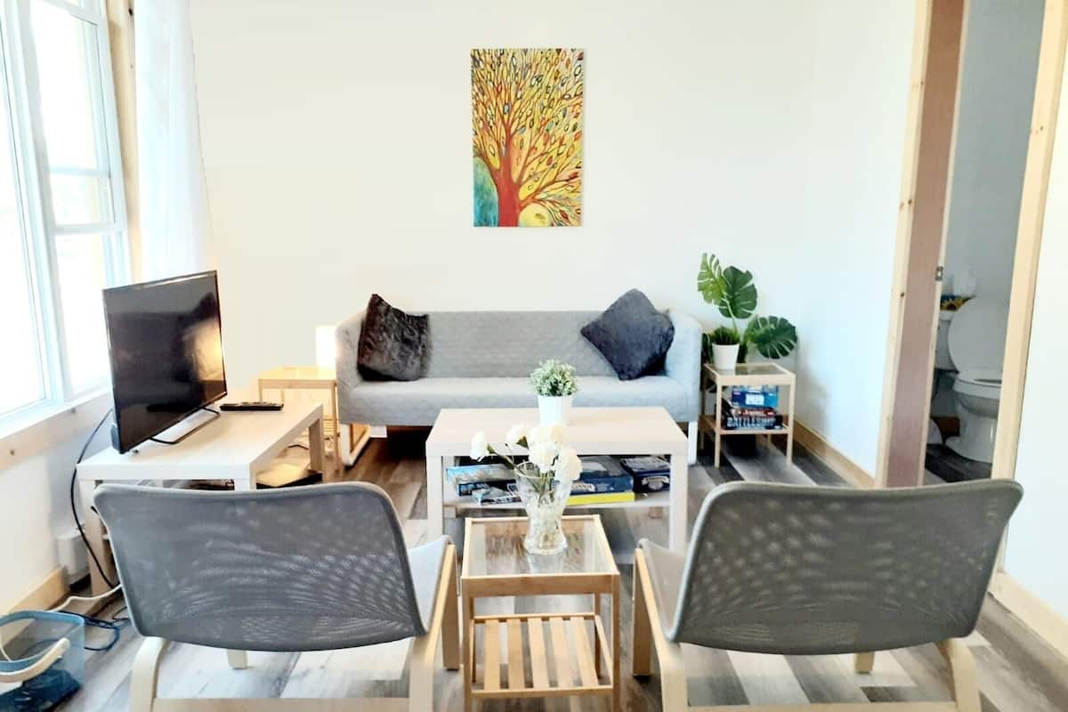 A modern living room with a grey sofa, a coffee table with books and flowers, a TV on a desk, and a large window.