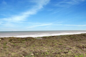 Eine Küstenlandschaft mit einer grasbewachsenen Vordergrundebene, die zum Meer führt.