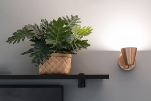 A potted plant with large green leaves on a black shelf against a white wall. - Cyclinn Cidade Jardim (São Paulo)