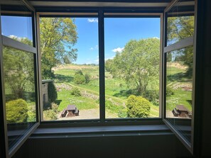 A room with a large window overlooking a green landscape with trees and a clear sky.