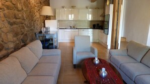 A cozy living room with two sofas, a coffee table, and a stone wall. - Family-friendly holiday home with a large playroom and garden. Pet-friendly! (Janowice Wielkie)