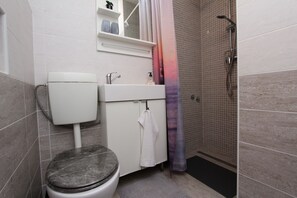 Een badkamer met toilet, wastafel en douche.