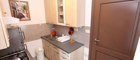 A compact kitchen with a gas stove, a sink, and wooden cabinets.