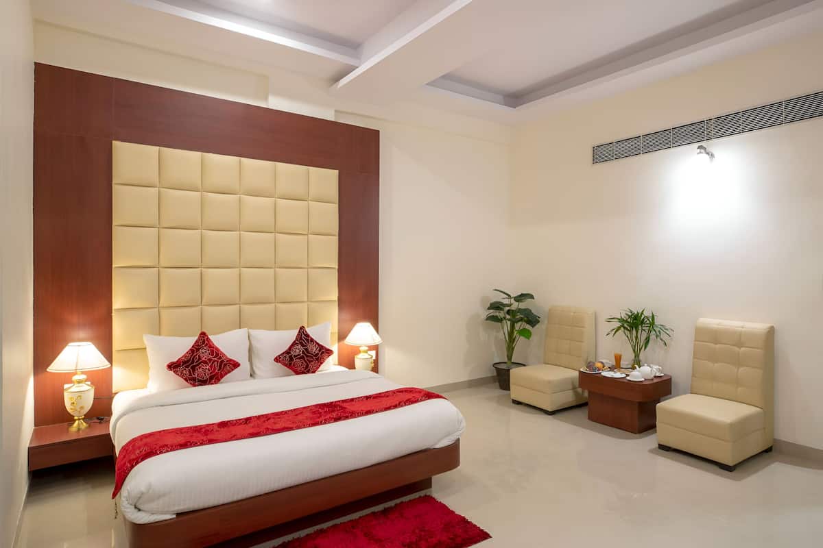 A modern hotel room with a large bed, two armchairs, a small table, and a potted plant.
