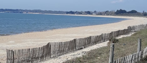 Nära stranden och solstolar