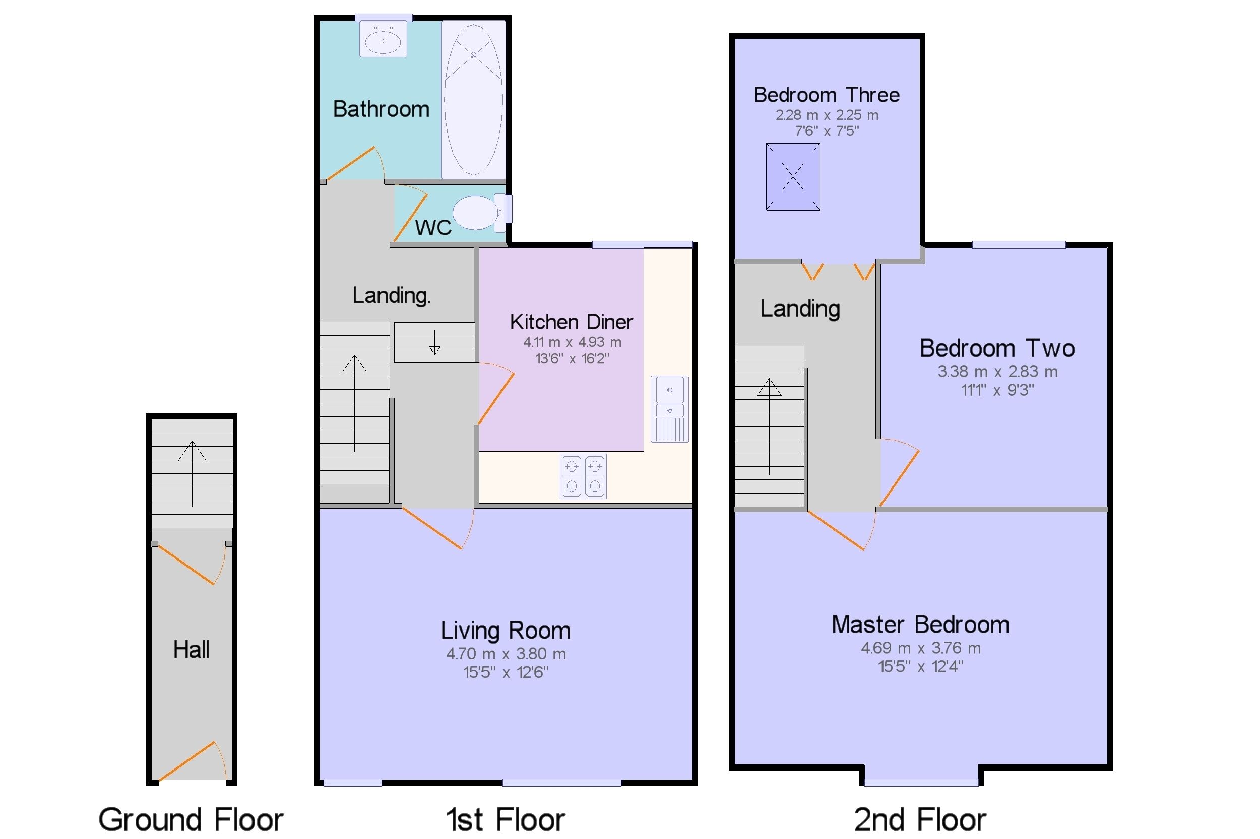 A 2nd floor layout with a master bedroom, two bedrooms, a kitchen, a dining area, a bathroom, and a landing.