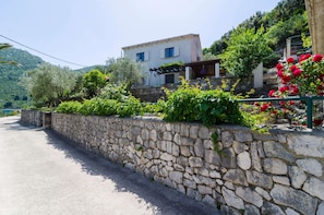 Muro de piedra con una casa en una ladera, rodeado de vegetación y flores.
