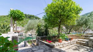 Un patio de piedra con una pequeña piscina, rodeado de plantas en macetas y un árbol.