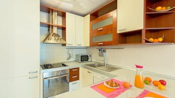 Comfort Apartment, 2 Bedrooms, Terrace | Private kitchen | Fridge, microwave, oven, stovetop