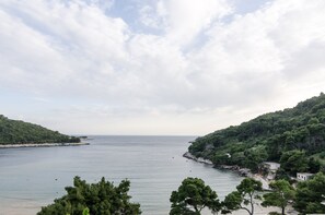 A coastal landscape with a clear view of the sea, a sandy beach, and lush green hills.