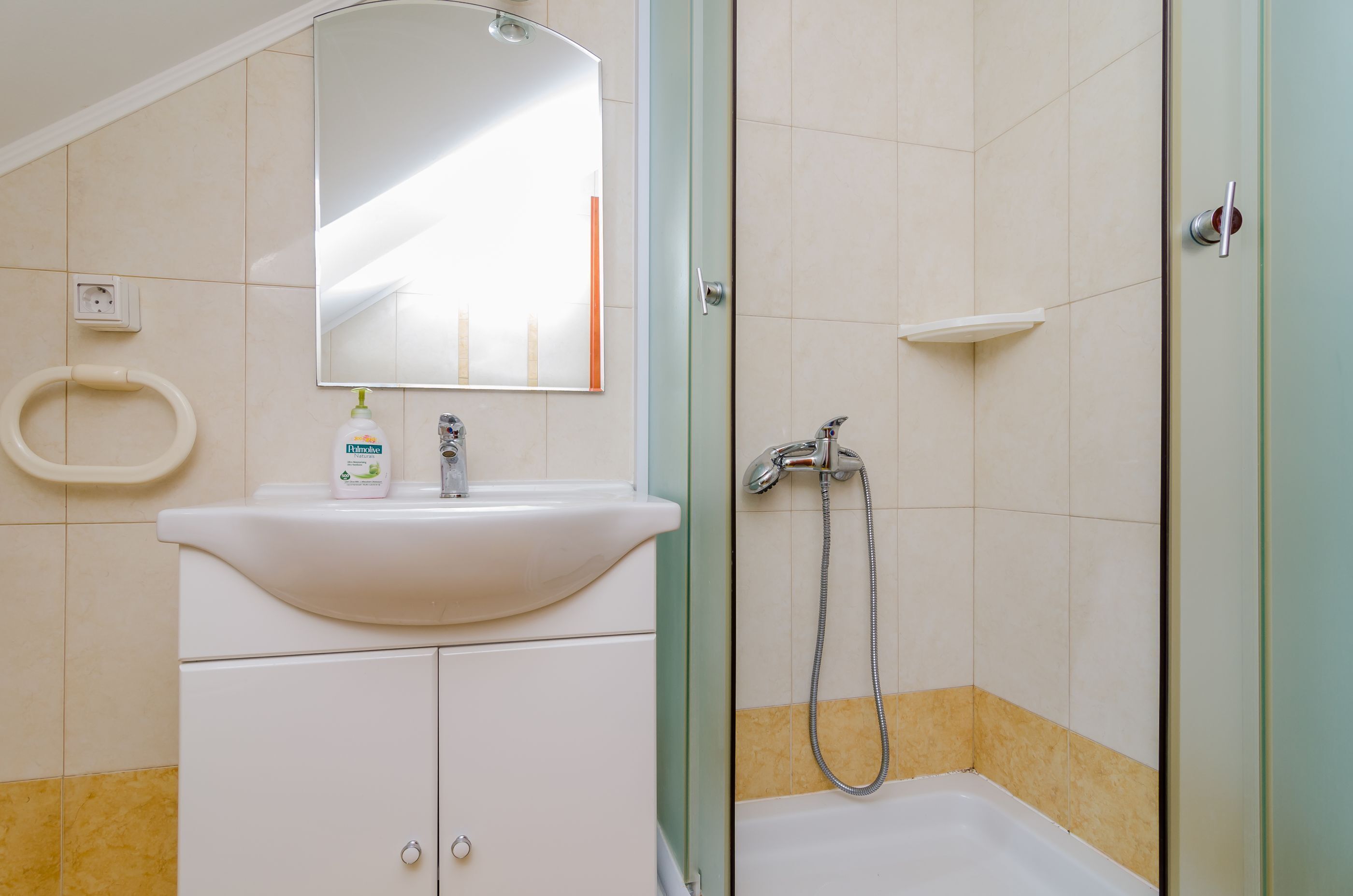 A bathroom with a sink, mirror, and shower.