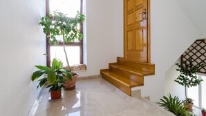 A staircase with wooden steps leading to a landing, a potted plant on the landing, and a window with a view of the outside. - Apartments Palma (Mljet)