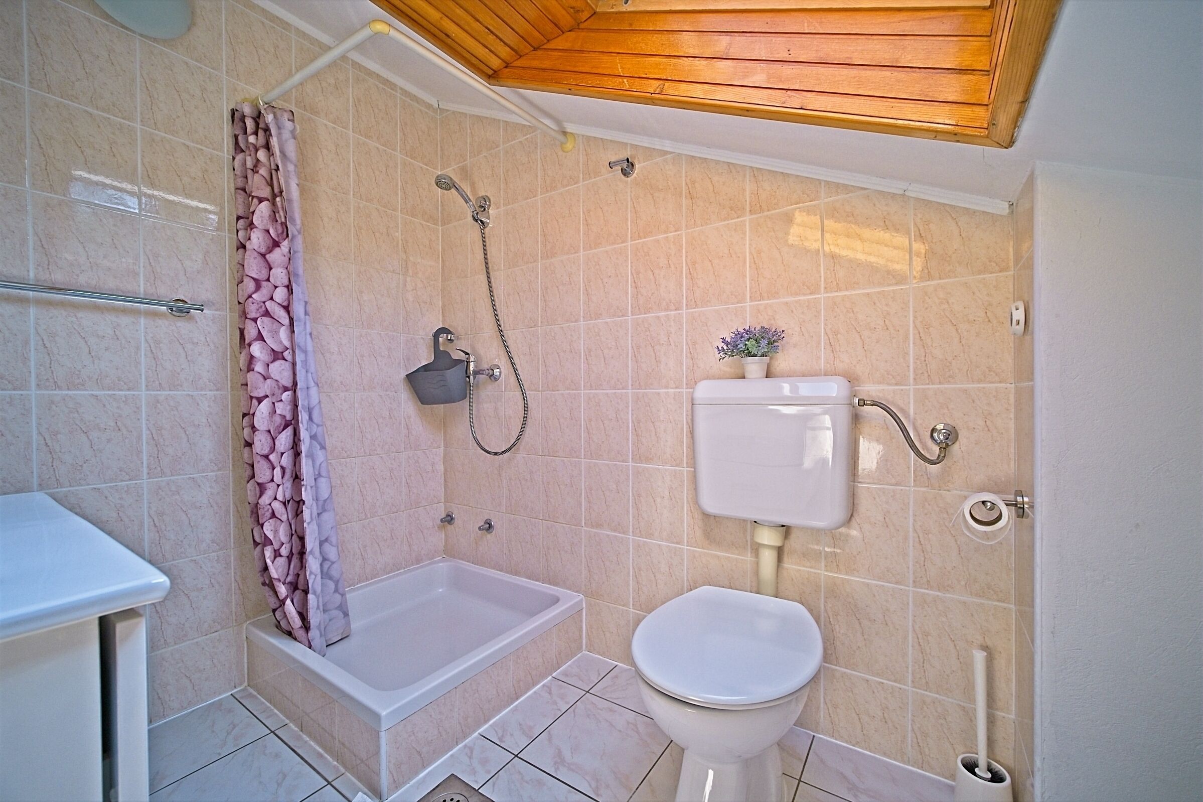 Un baño con ducha, inodoro y bañera.
