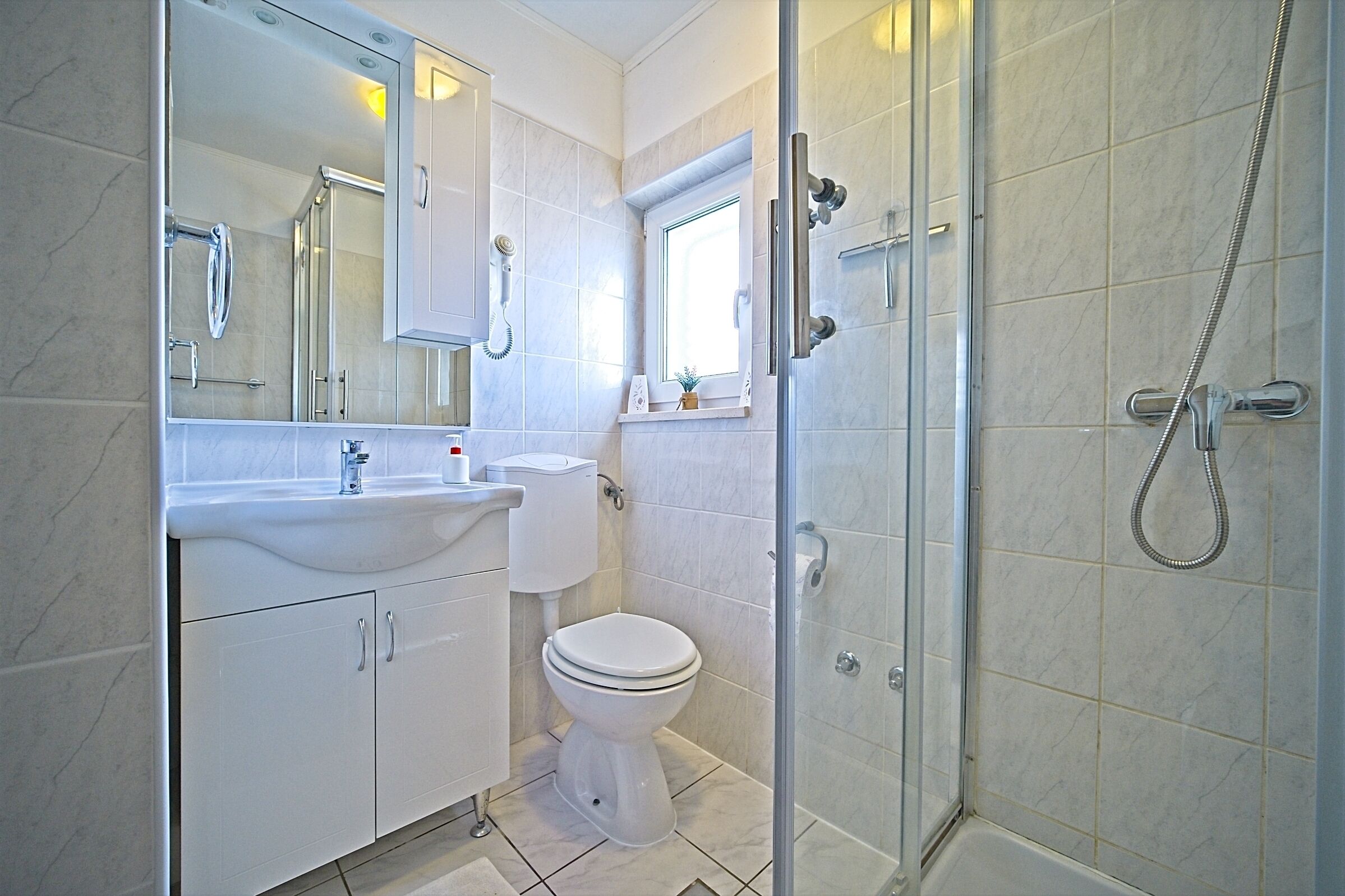 A modern bathroom with a glass-enclosed shower, a white toilet, and a vanity with a sink and mirror.