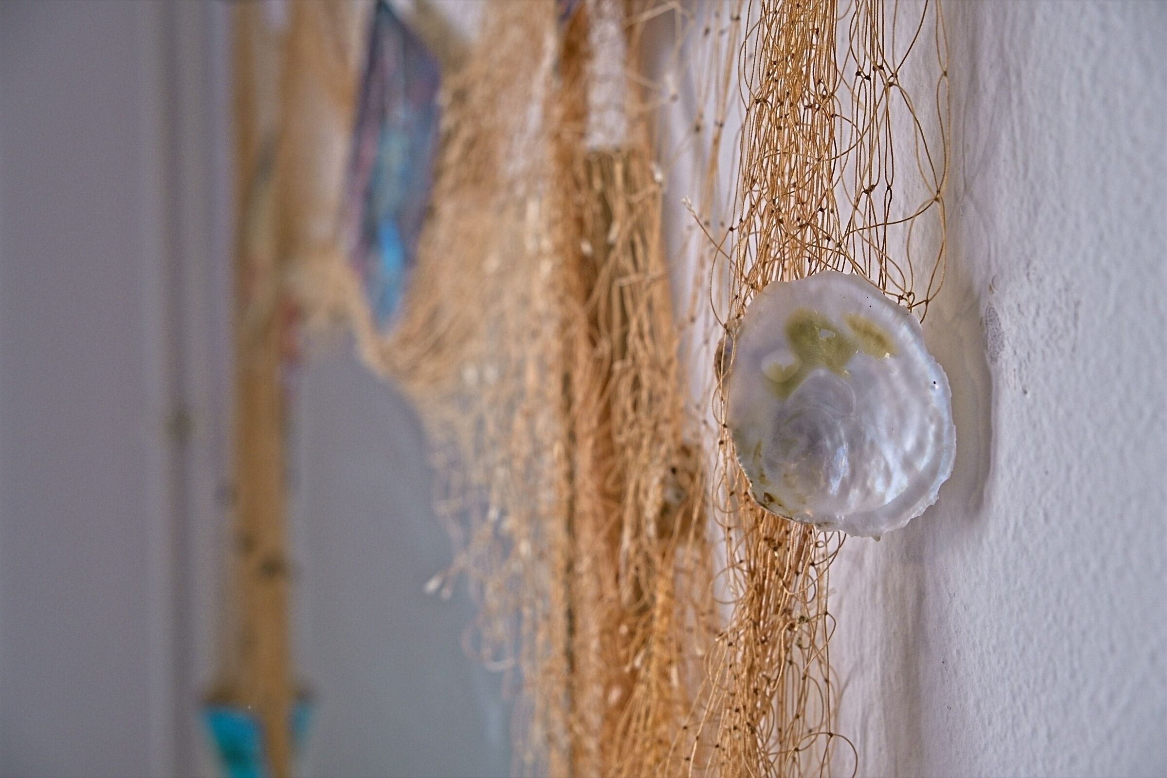 A close-up of a textured wall with hanging strands of dried material and a clear glass object.
