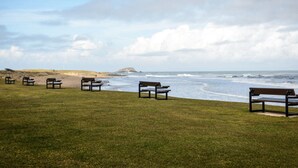 A grassy area with several wooden benches facing the ocean. - Cosy Rest (North Berwick)