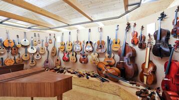 Una stanza con soffitto e pareti in legno, dove sono esposti vari strumenti a corda come chitarre, violini e violoncelli.