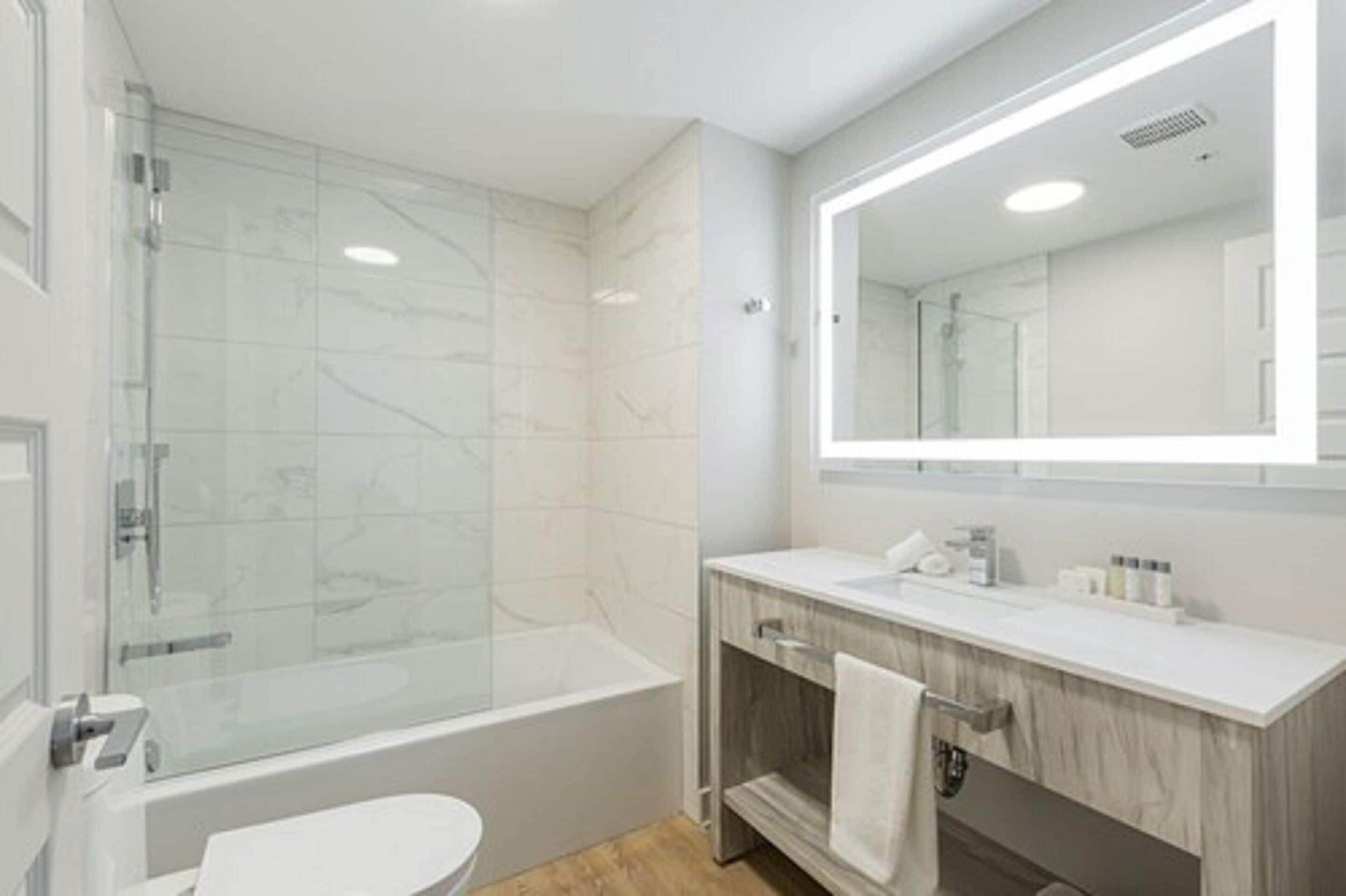 Une salle de bain moderne dotée d’une douche à parois de verre, d’une baignoire sur pieds et d’un meuble-lavabo avec un miroir.