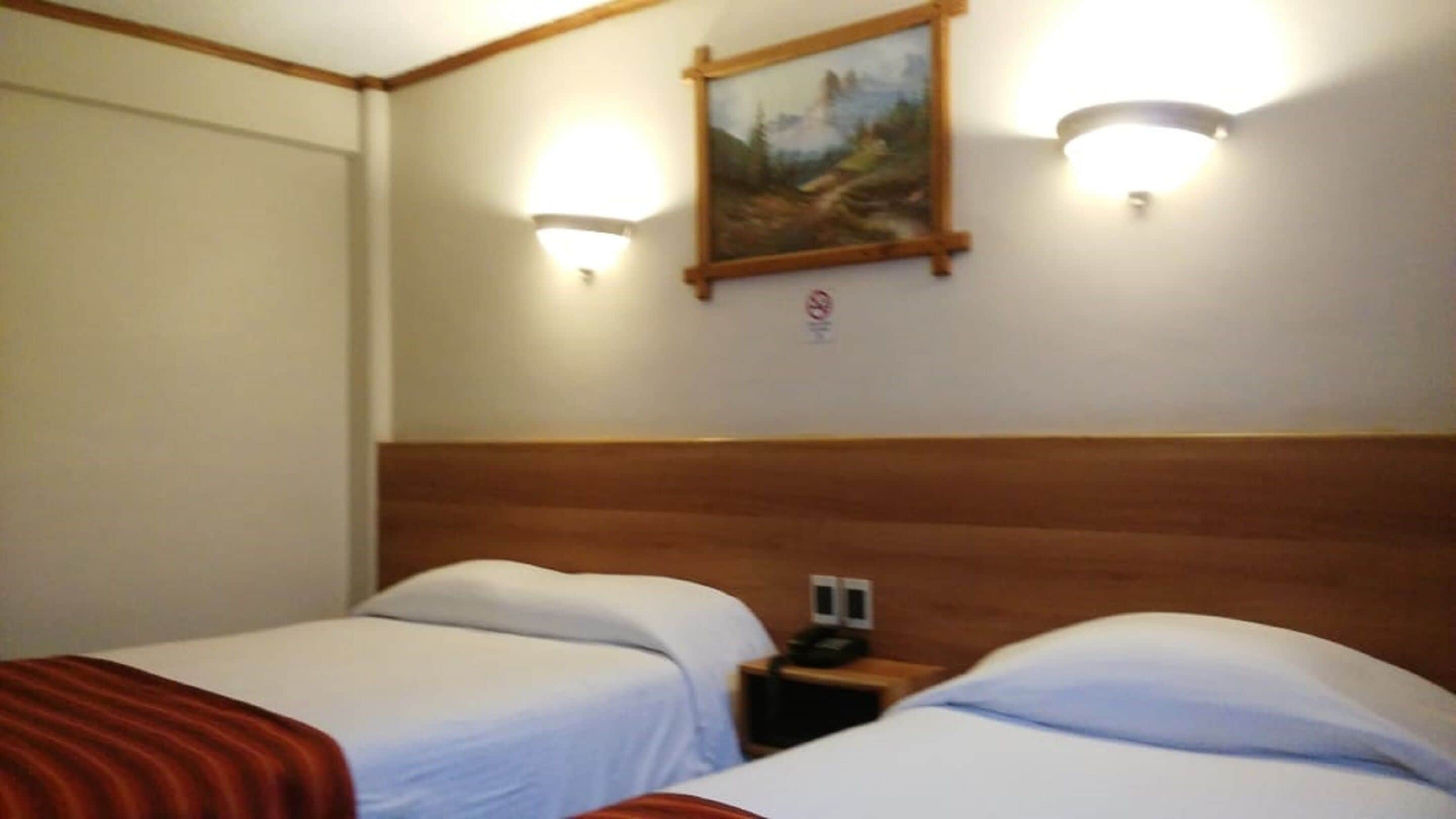 Une chambre d’hôtel avec deux lits simples, une tête de lit en bois, un tableau au mur et une table de chevet avec un téléphone.