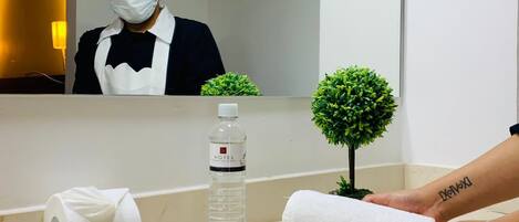Un baño de hotel con un espejo, una toalla, una botella de agua y una planta pequeña en la encimera.