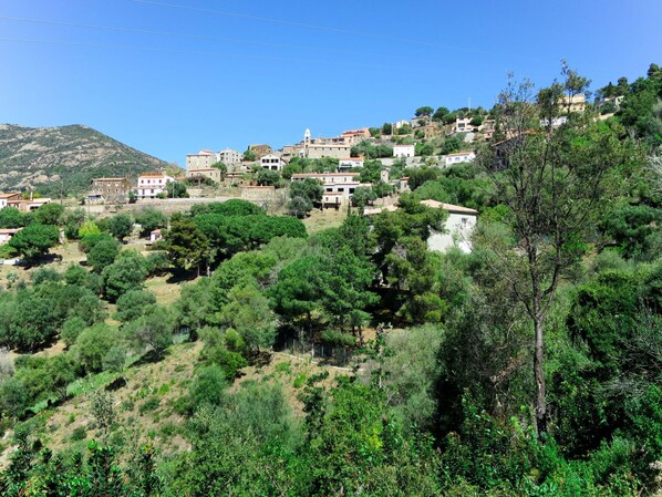 Un pueblo en una ladera con edificios tradicionales, abundante vegetación y cielo despejado.