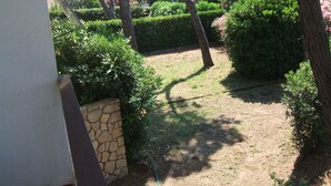 Ein Gartenweg mit geschnittenen Hecken und Bäumen, der zu einer Steinmauer führt.
