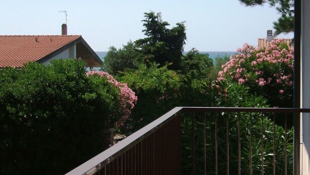 Ein Balkon mit Blick auf das Meer, umgeben von Grün und einem Ziegeldach.