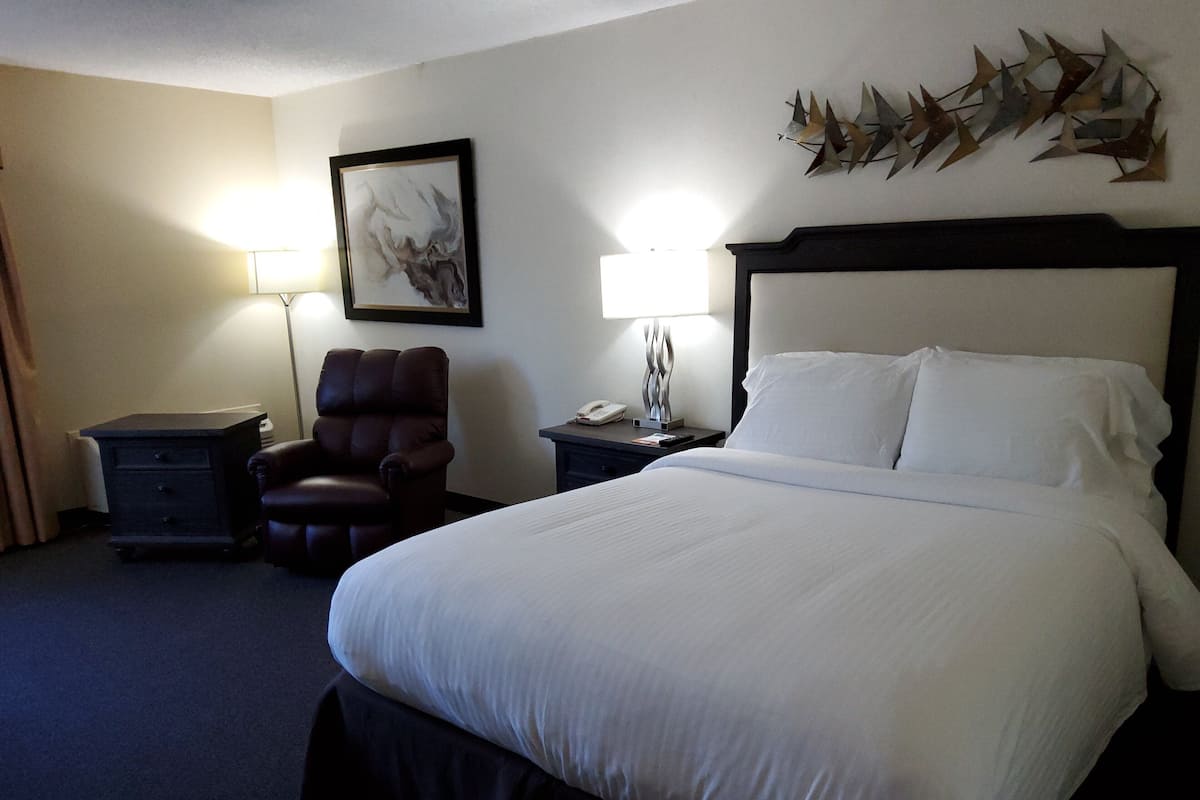 Une chambre d’hôtel avec un grand lit, une chaise, une table de chevet, une lampe et un élément de décoration murale.
