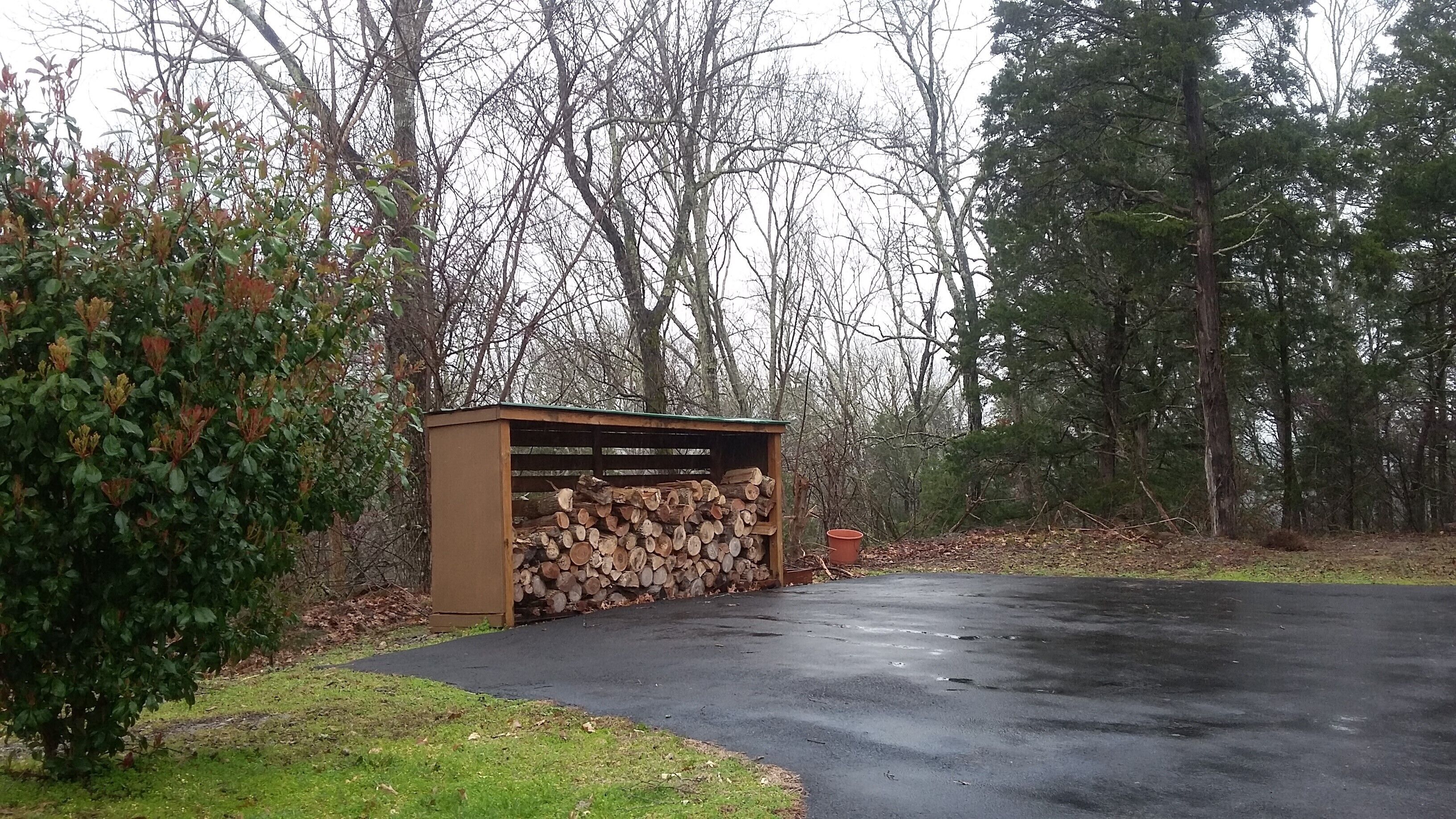 Eine hölzerne Überdachung mit einem Holzstapel, einem gepflasterten Weg und einem bewaldeten Gebiet mit kahl stehenden Bäumen.