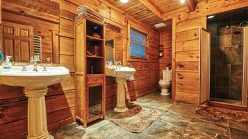 Combined shower/tub, hair dryer, towels, soap