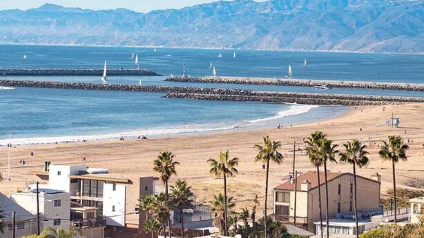 A coastal view with a beach, palm trees, and a rocky breakwater. - Silicon Beach Escape (Los Angeles)