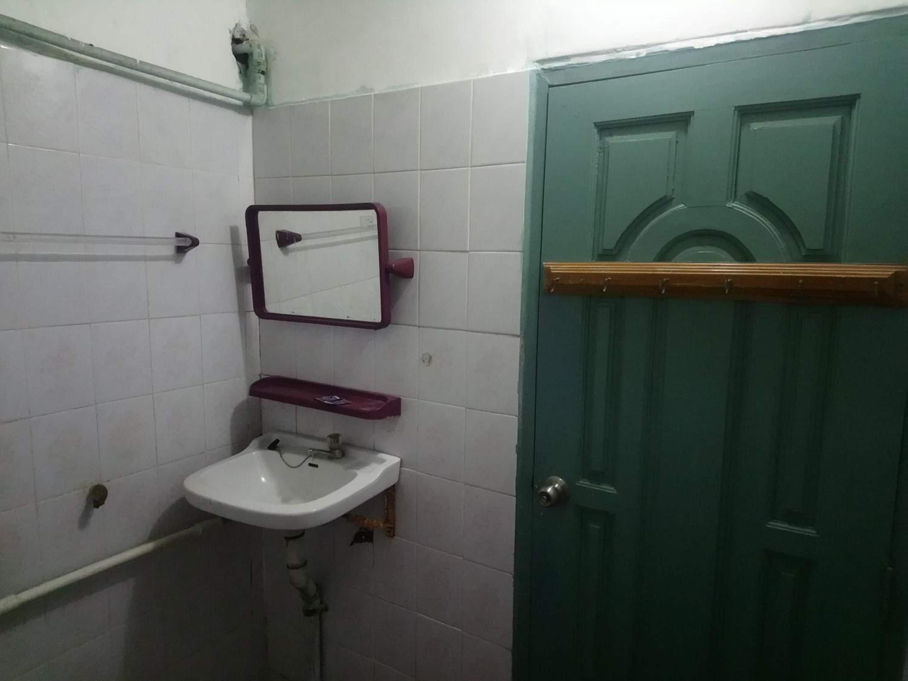 Ein Badezimmer mit einem weißen Waschbecken, einem Spiegel und einer grünen Tür.
