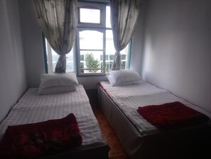 A room with two single beds, a window with curtains, and a view of greenery outside. - Diamond Star Guest House (Nyaungshwe)