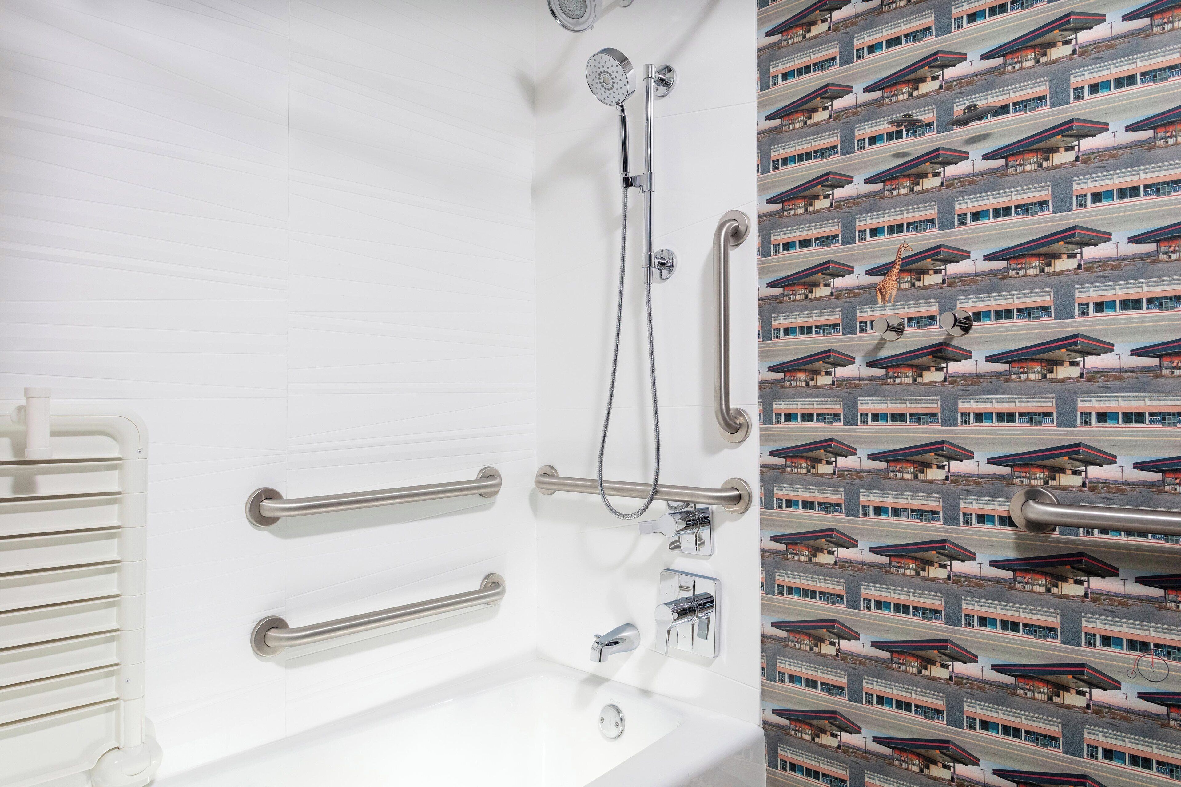 bathtub, hair dryer, towels