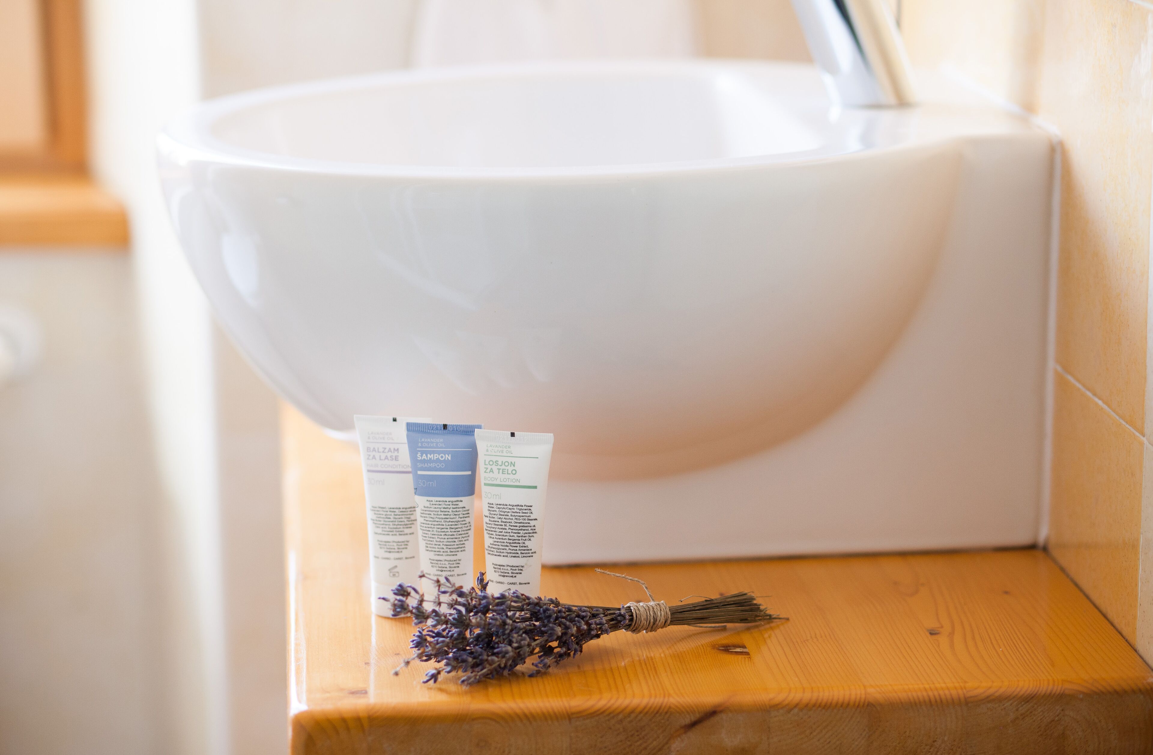 A bathroom sink with a white basin, a wooden countertop, and two bottles of shampoo and conditioner.